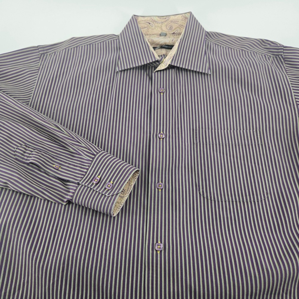 Visconti Uomo Mens XL Purple Green Striped 2-Ply Mercerized Cotton Button Down